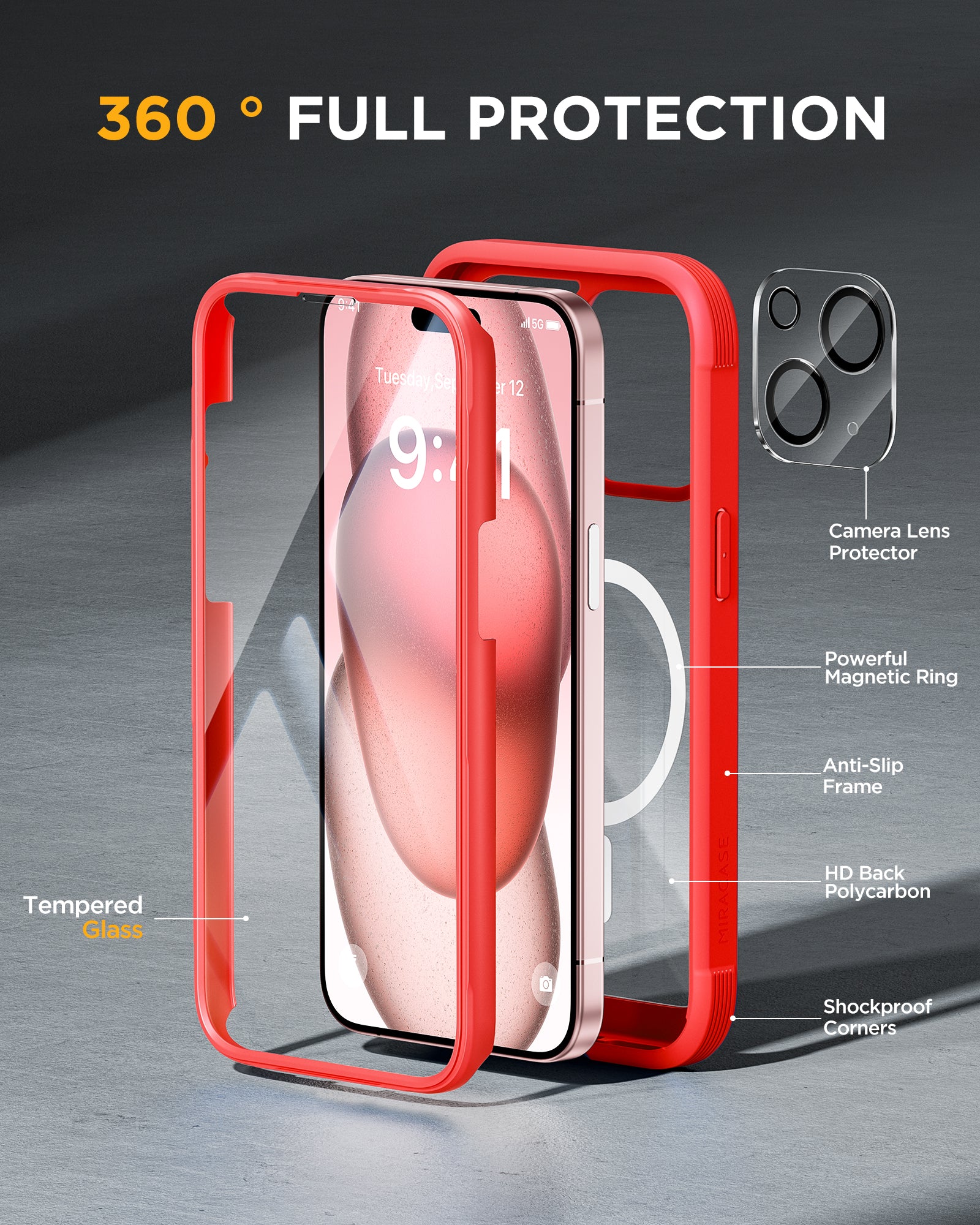 Miracase 360° Protection Case 9H Tempered Glass Phone Case with MagSafe for iPhone 15 6.1"