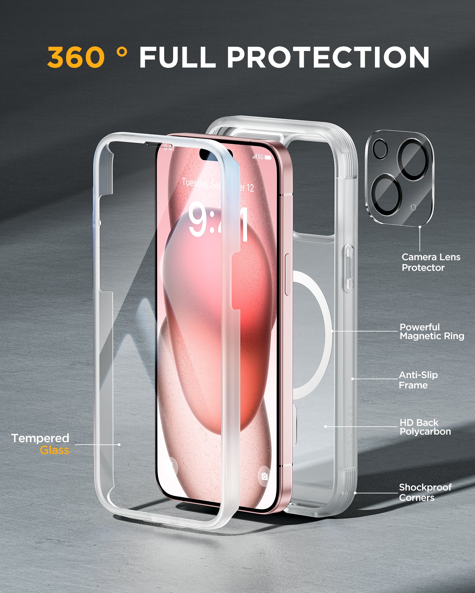 Miracase 360° Protection Case 9H Tempered Glass Phone Case with Magsafe for iPhone 15 Plus 6.7"