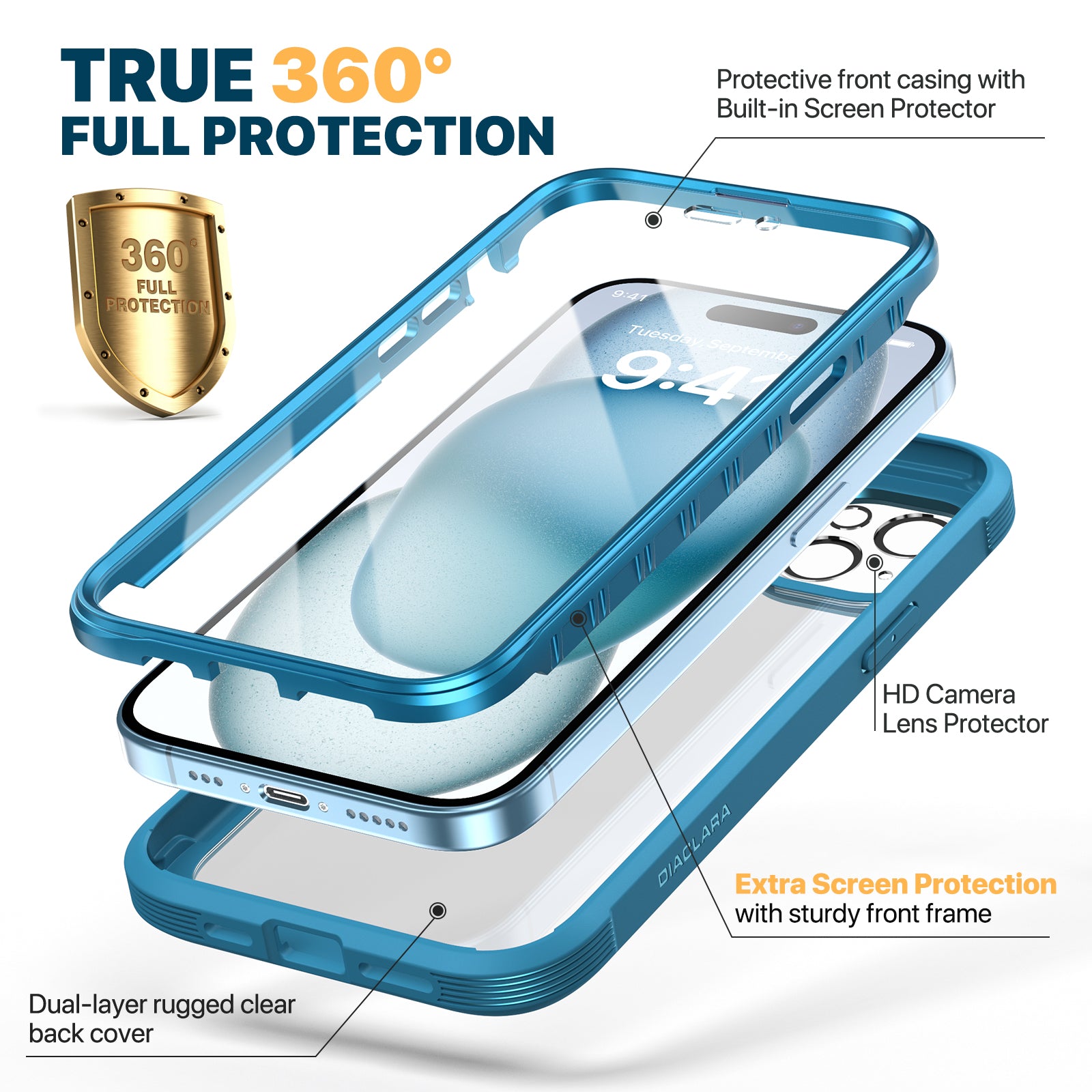 Diaclara 360° Protection Rugged Case with Built-in Touch Sensitive Anti-Scratch Screen Protector Phone Case for iPhone 15 Plus 6.7"