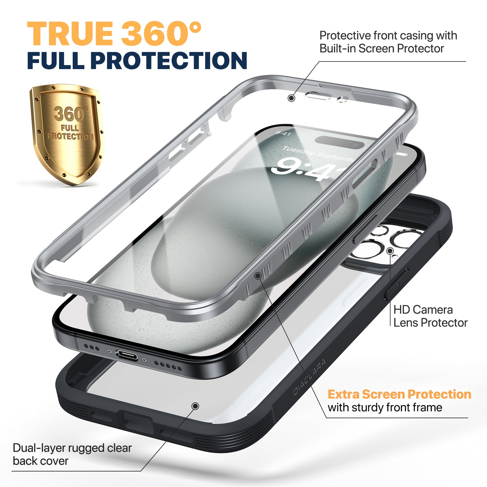 Diaclara 360° Protection Rugged Case with Built-in Touch Sensitive Anti-Scratch Screen Protector Phone Case for iPhone 15 Plus 6.7"