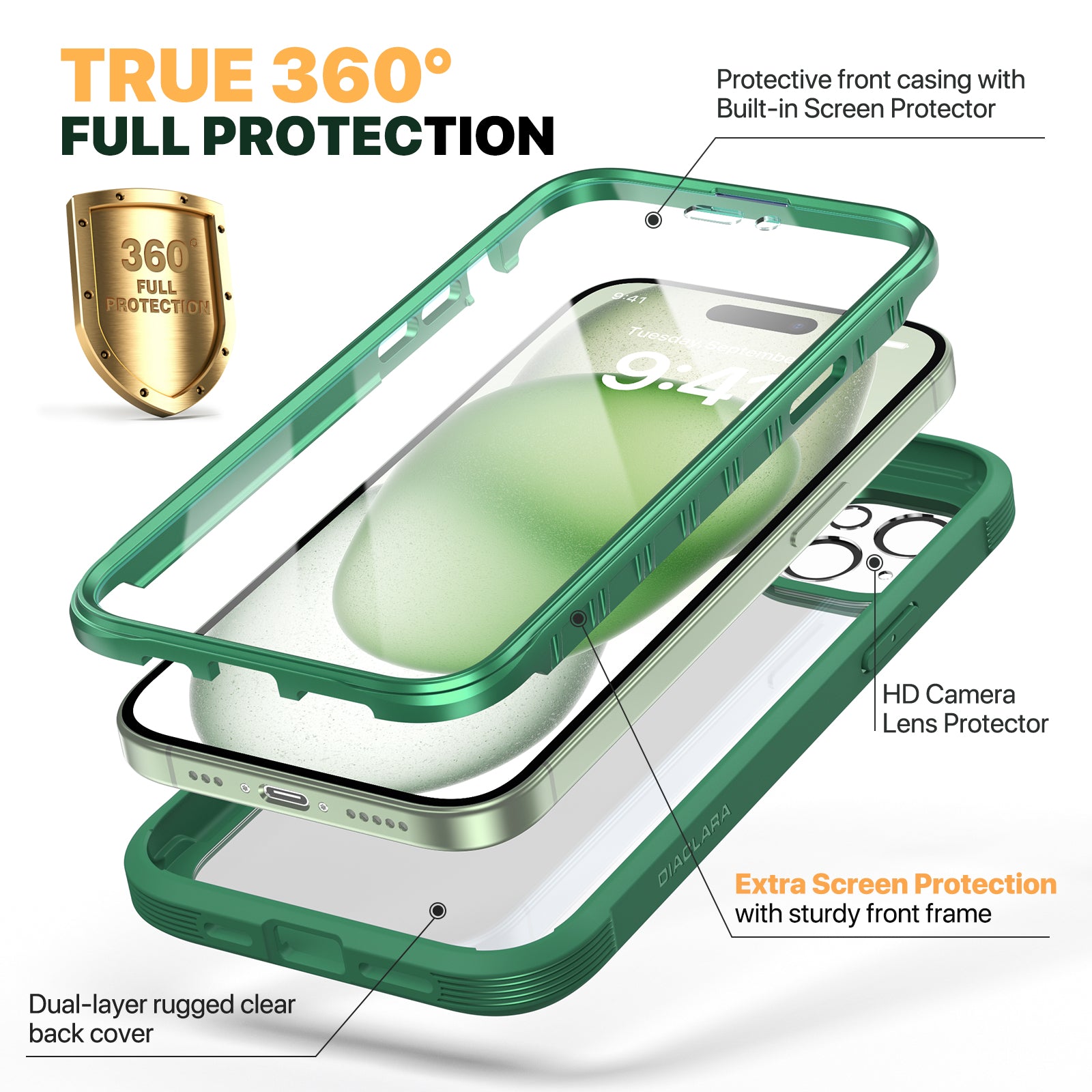 Diaclara 360° Protection Rugged Case with Built-in Touch Sensitive Anti-Scratch Screen Protector Phone Case for iPhone 15 Plus 6.7"