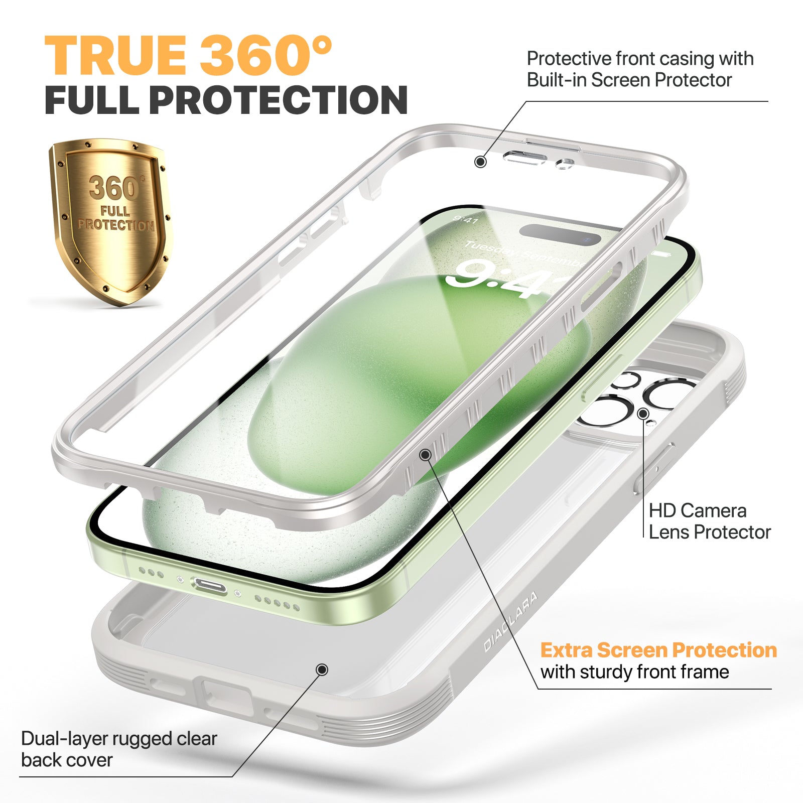 Diaclara 360° Protection Rugged Case with Built-in Touch Sensitive Anti-Scratch Screen Protector Phone Case for iPhone 15 6.1"