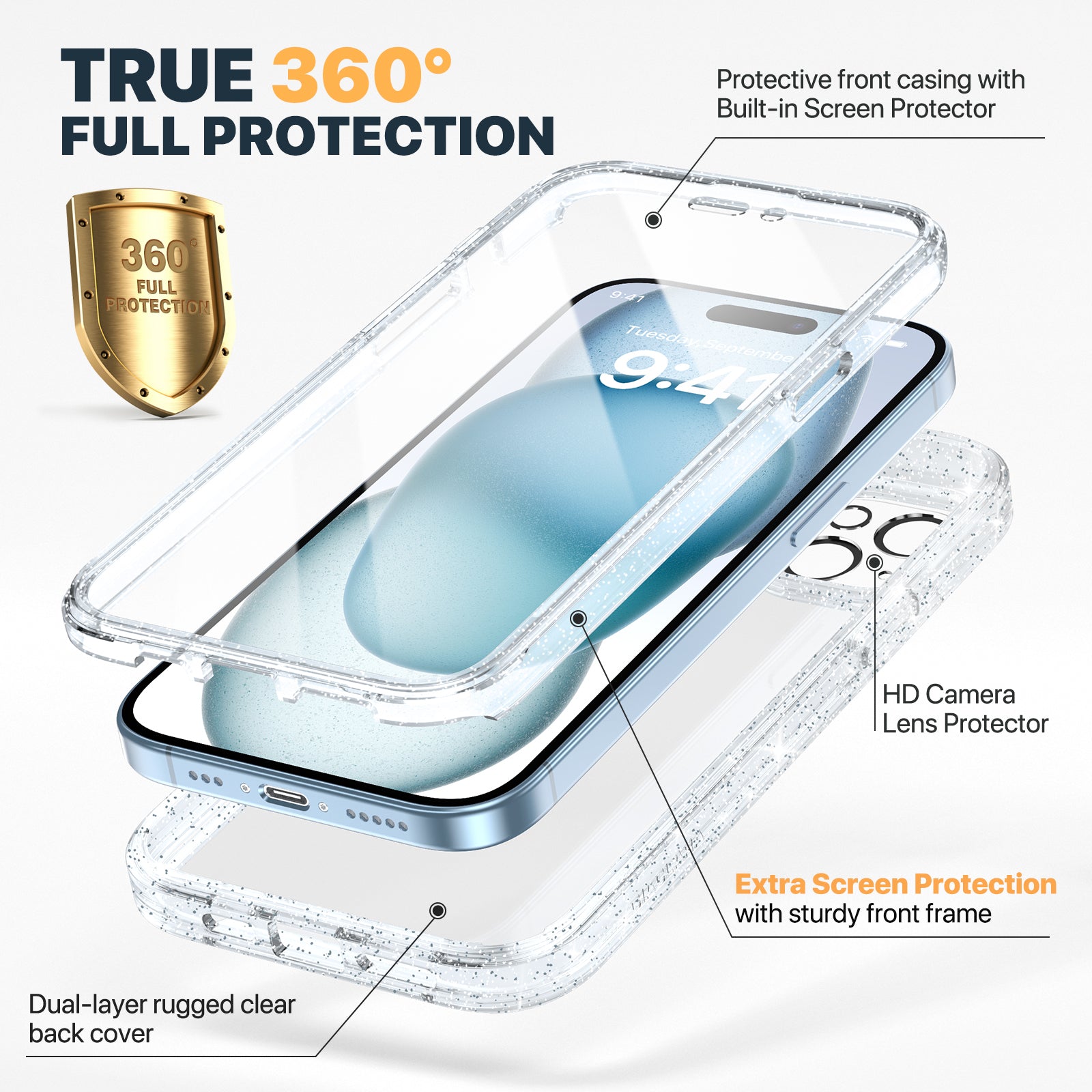 Diaclara 360° Protection Rugged Case with Built-in Touch Sensitive Anti-Scratch Screen Protector Phone Case for iPhone 15 6.1"