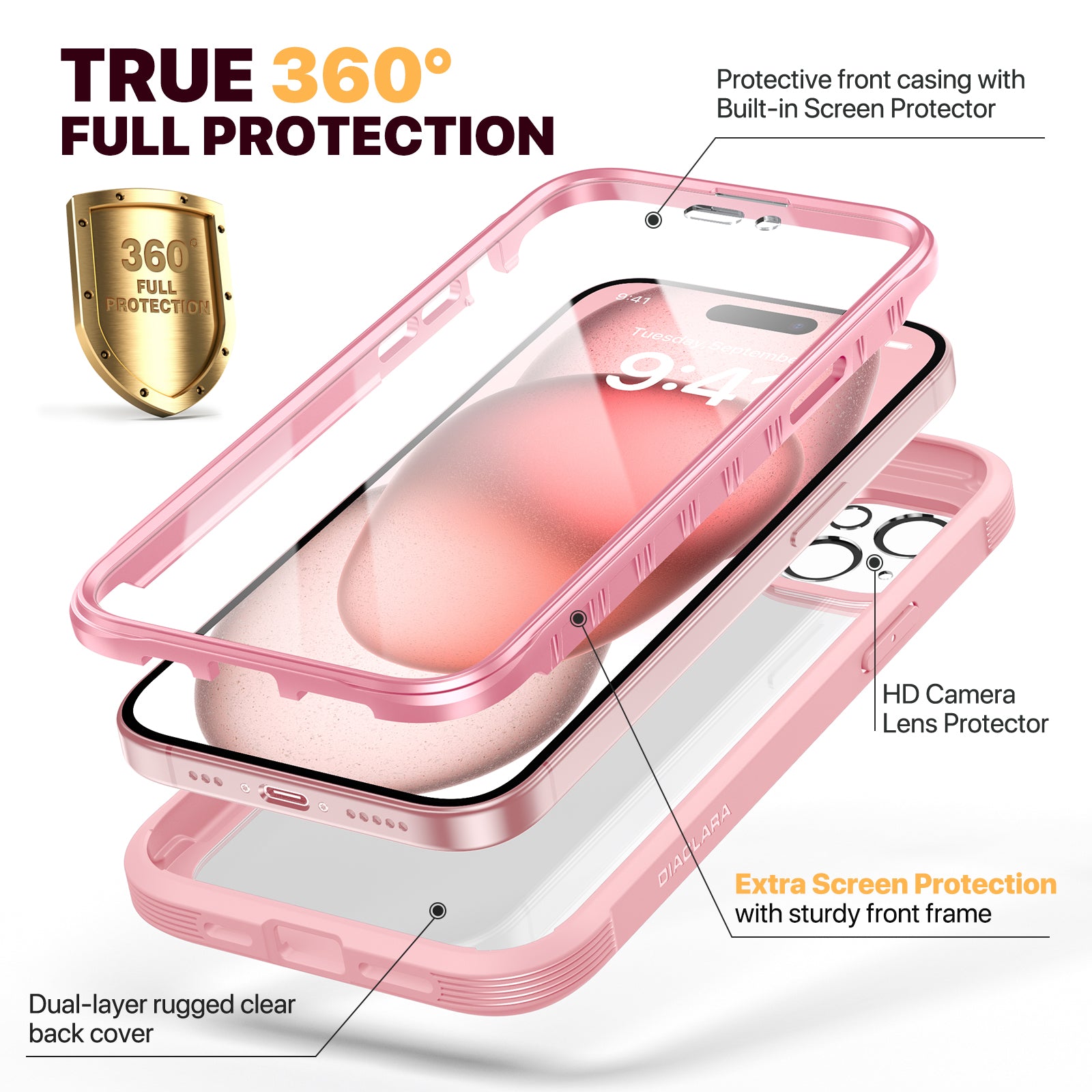 Diaclara 360° Protection Rugged Case with Built-in Touch Sensitive Anti-Scratch Screen Protector Phone Case for iPhone 15 6.1"