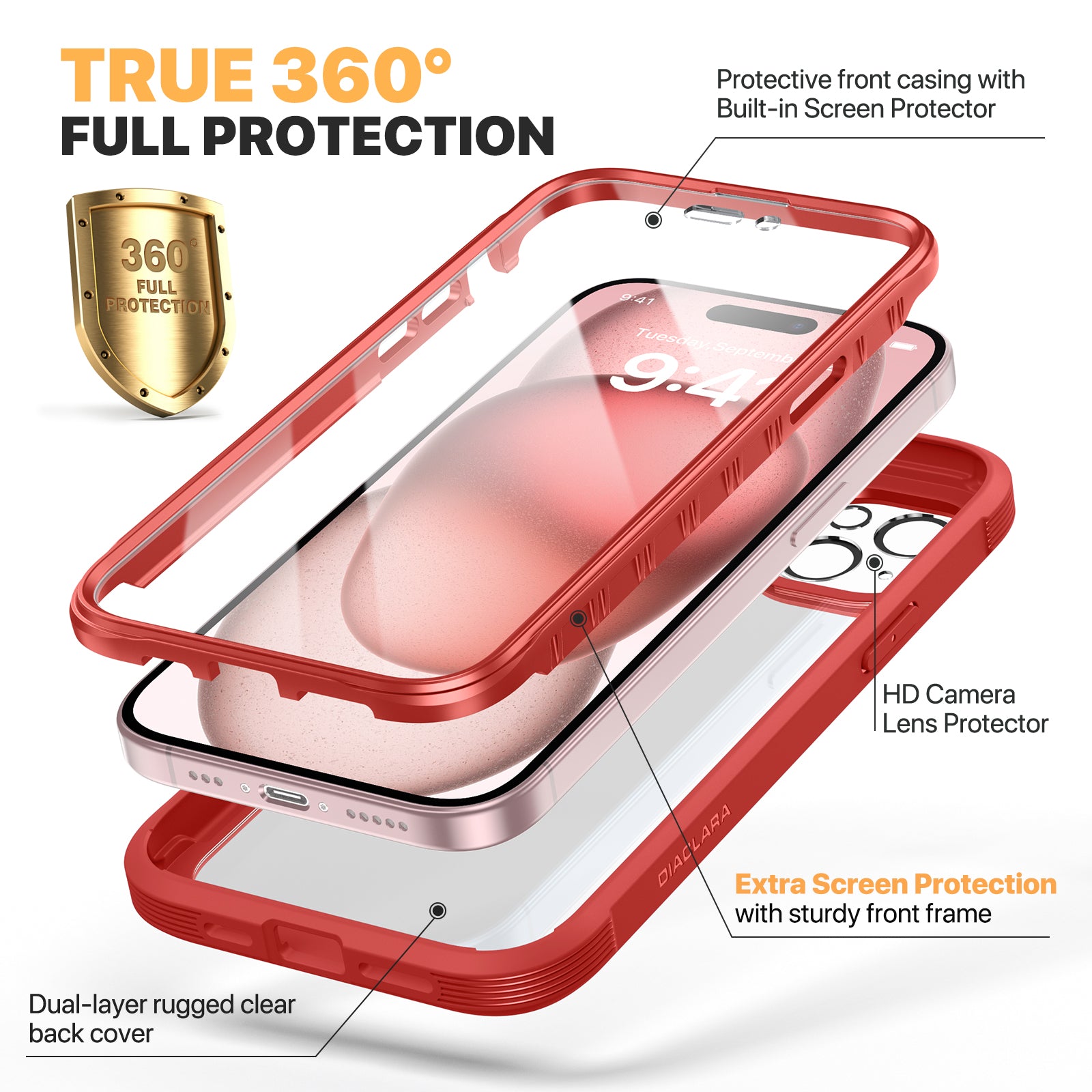 Diaclara 360° Protection Rugged Case with Built-in Touch Sensitive Anti-Scratch Screen Protector Phone Case for iPhone 15 Plus 6.7"