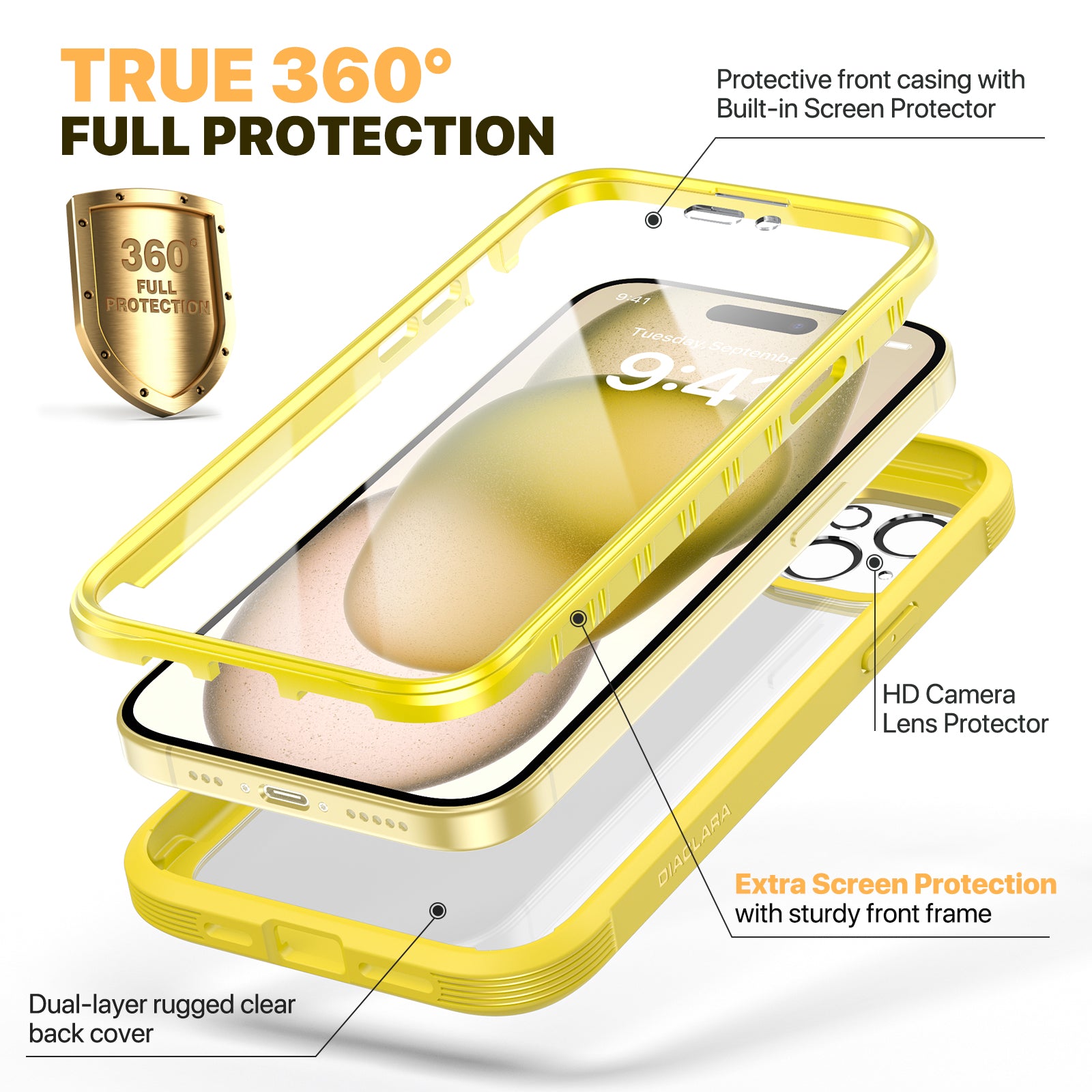 Diaclara 360° Protection Rugged Case with Built-in Touch Sensitive Anti-Scratch Screen Protector Phone Case for iPhone 15 6.1"