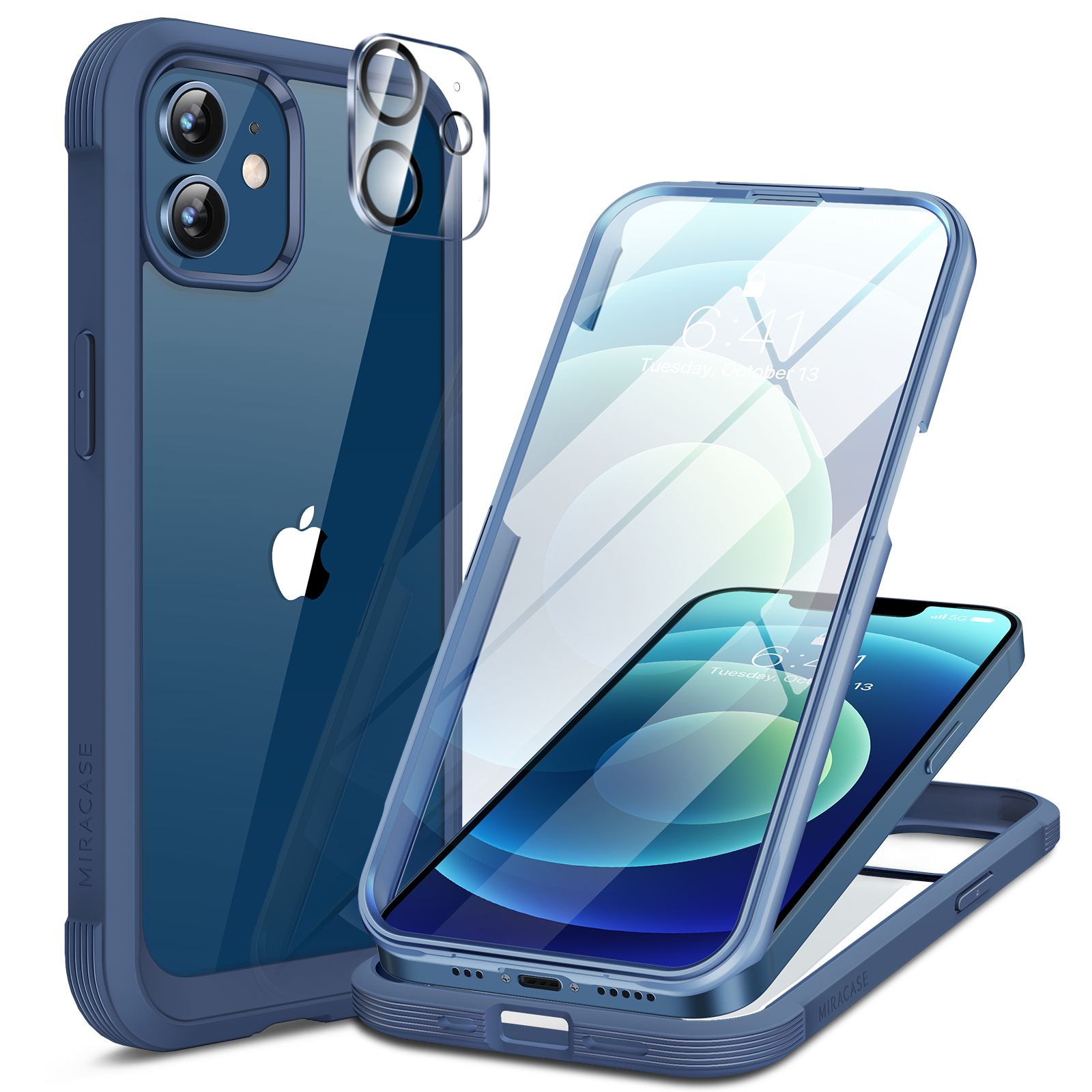 Miracase Glass Series for iPhone 12/12 Pro - Full-Body Rugged Protective Case with Built-in 9H Tempered Glass Screen Protector and Camera Lens Protector