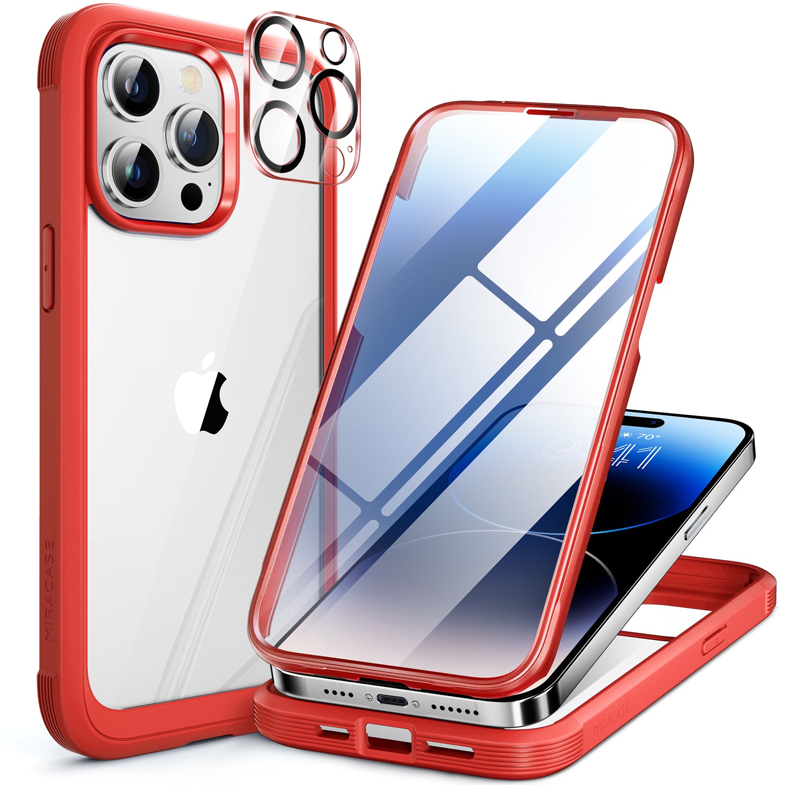 Miracase Glass Series for iPhone 14 Pro Max Case 6.7 Inch, Full-Body Clear Bumper Case with Built-in 9H Tempered Glass Screen Protector, with Camera Lens Protector