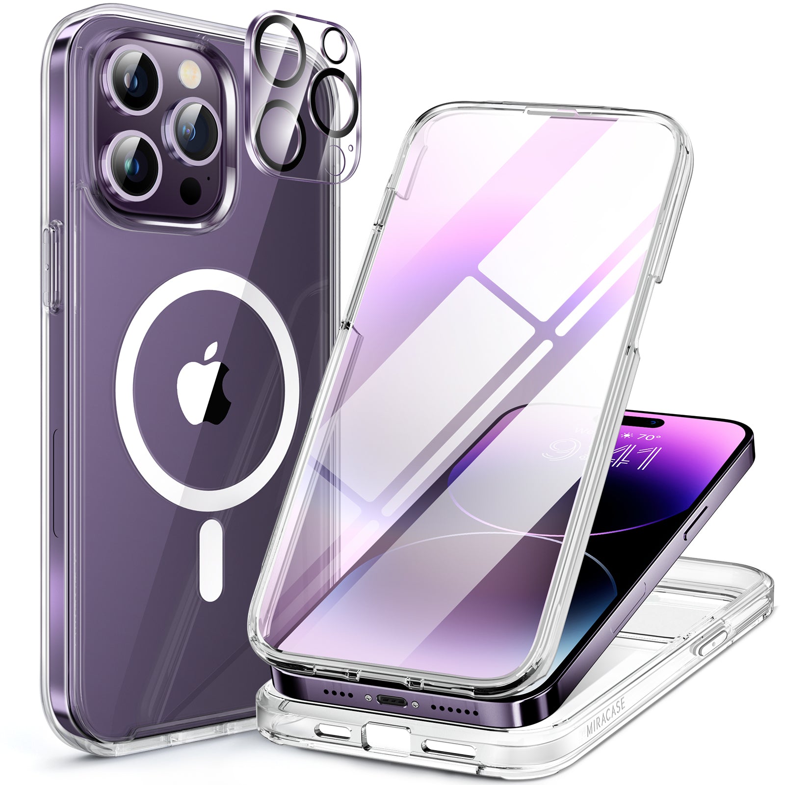 Miracase Glass Series for iPhone 14 Pro Max Case 6.7 Inch, Full-Body Clear Bumper Case with Built-in 9H Tempered Glass Screen Protector, with Camera Lens Protector
