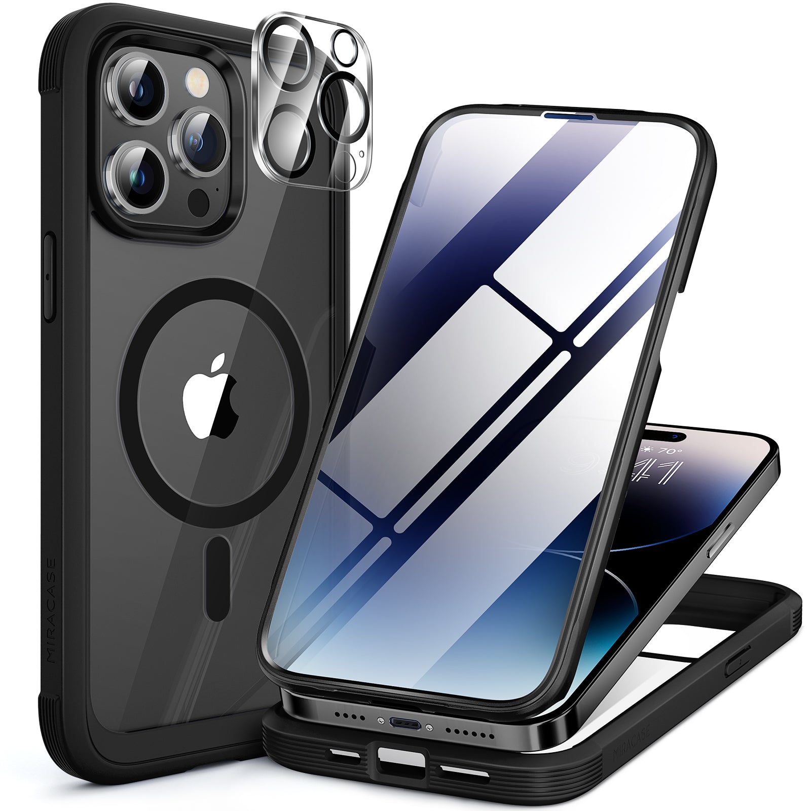 Miracase Glass Series for iPhone 14 Pro Max Case 6.7 Inch, Full-Body Clear Bumper Case with Built-in 9H Tempered Glass Screen Protector, with Camera Lens Protector