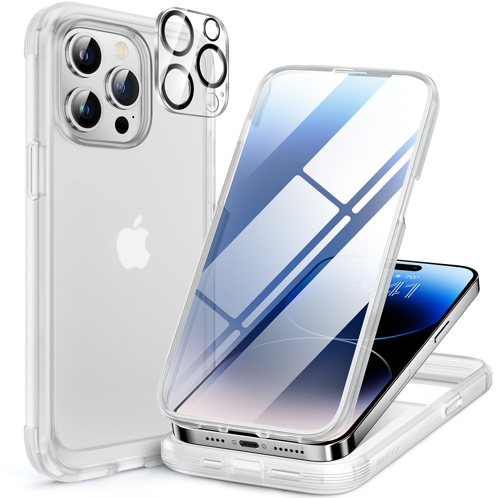 Miracase Glass Series for iPhone 14 Pro Max Case 6.7 Inch, Full-Body Clear Bumper Case with Built-in 9H Tempered Glass Screen Protector, with Camera Lens Protector