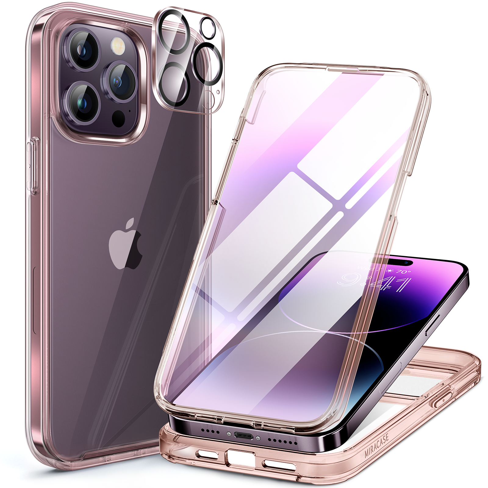 Miracase Glass Series for iPhone 14 Pro Max Case 6.7 Inch, Full-Body Clear Bumper Case with Built-in 9H Tempered Glass Screen Protector, with Camera Lens Protector