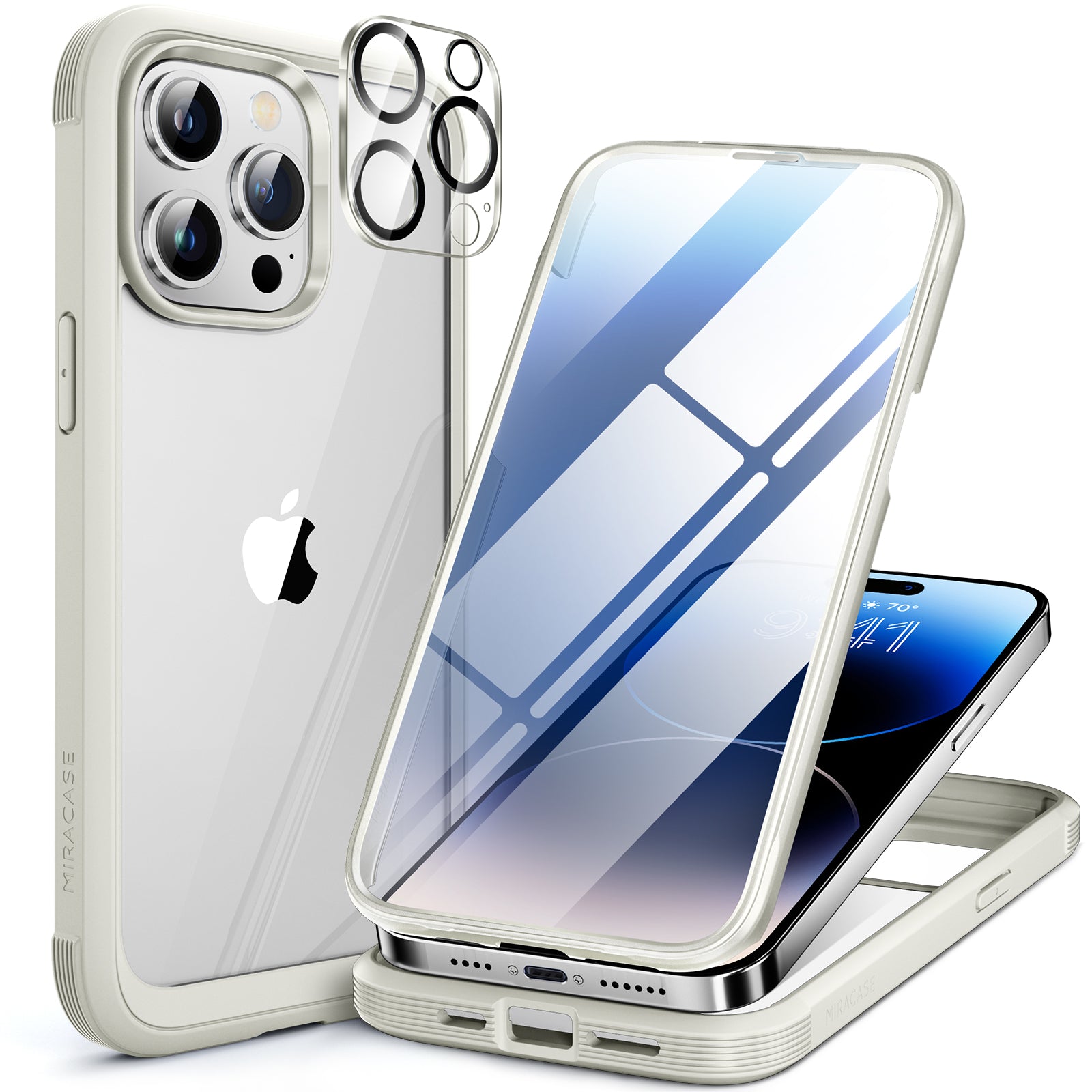 Miracase Glass Series for iPhone 14 Pro Max Case 6.7 Inch, Full-Body Clear Bumper Case with Built-in 9H Tempered Glass Screen Protector, with Camera Lens Protector