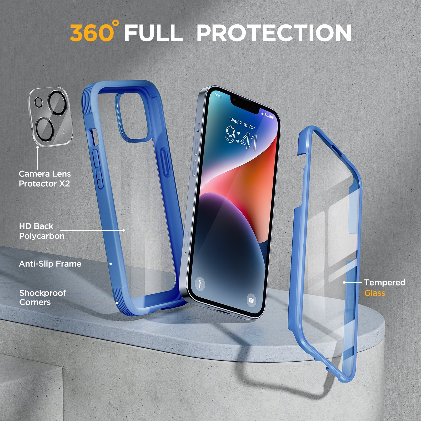 Miracase Glass Series Designed for iPhone 14 Plus Case 6.7 inch, 2022 Upgrade Full-Body Clear Bumper Case with Built-in 9H Tempered Glass Screen Protector and 2 Pcs Camera Lens Protector