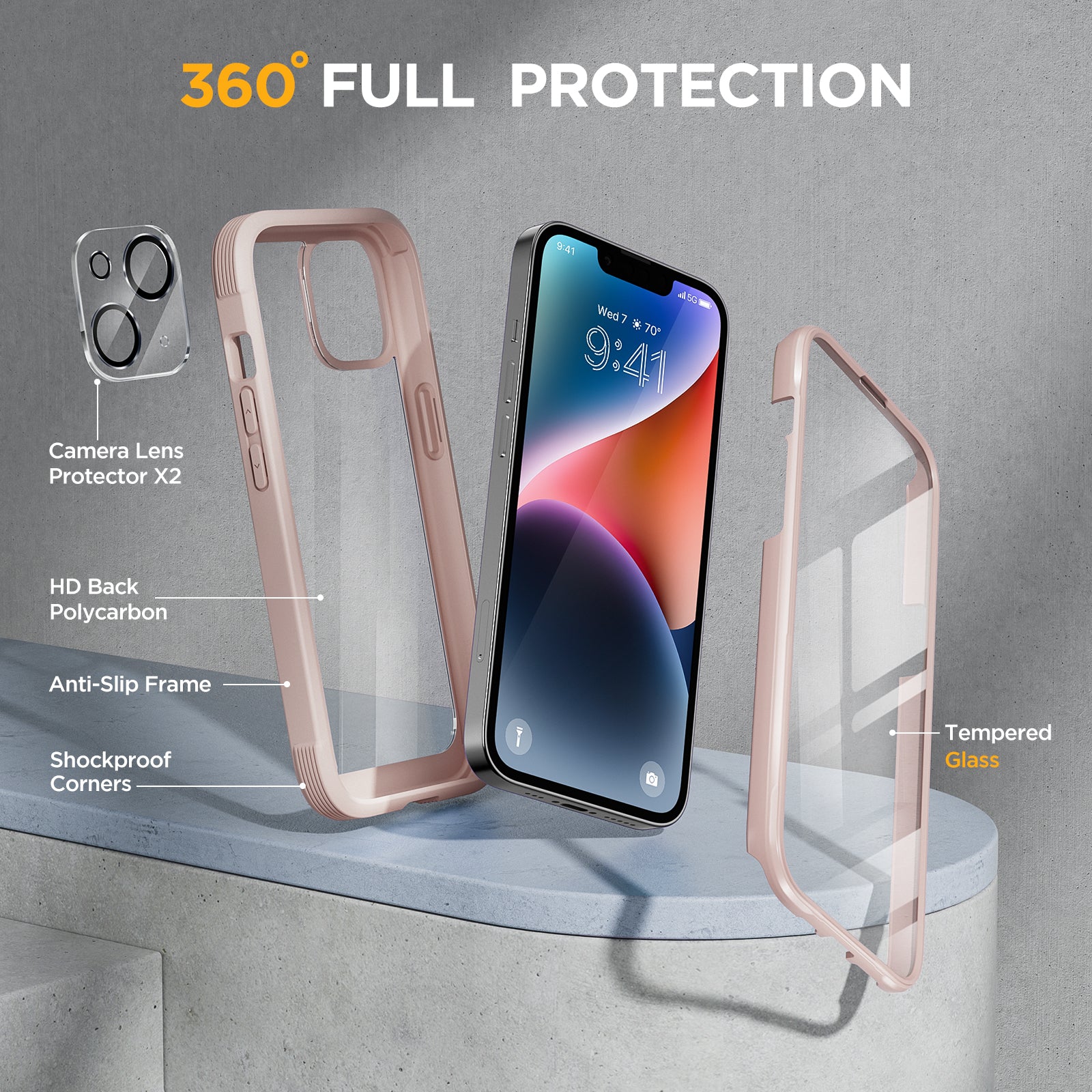 Miracase Glass Series Designed for iPhone 14 Case 6.1 inch, 2022 Upgrade Full-Body Clear Bumper Case with Built-in 9H Tempered Glass Screen Protector and 2 Pcs Camera Lens Protector