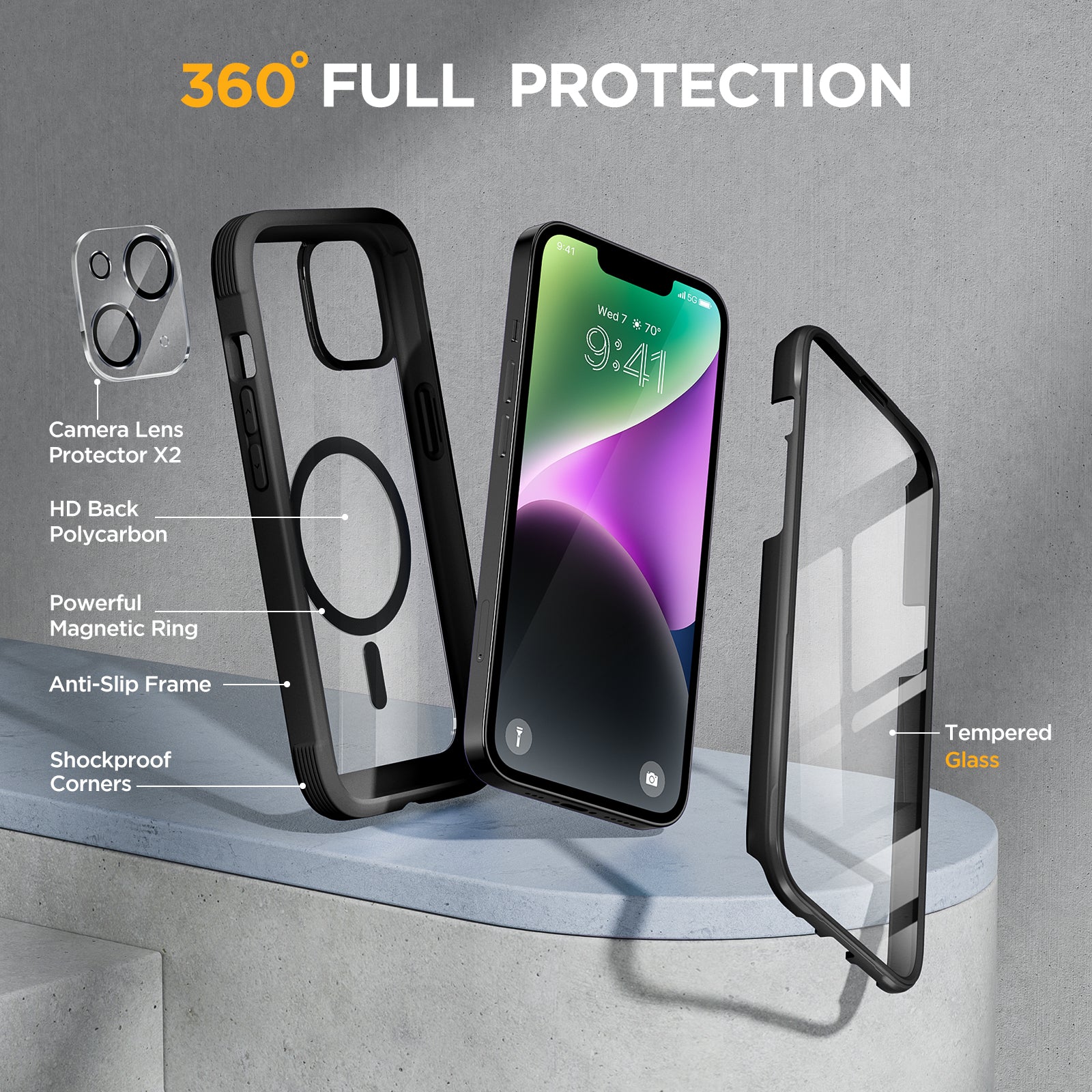 Miracase Glass Series Designed for iPhone 14 Plus Case 6.7 inch, 2022 Upgrade Full-Body Clear Bumper Case with Built-in 9H Tempered Glass Screen Protector and 2 Pcs Camera Lens Protector