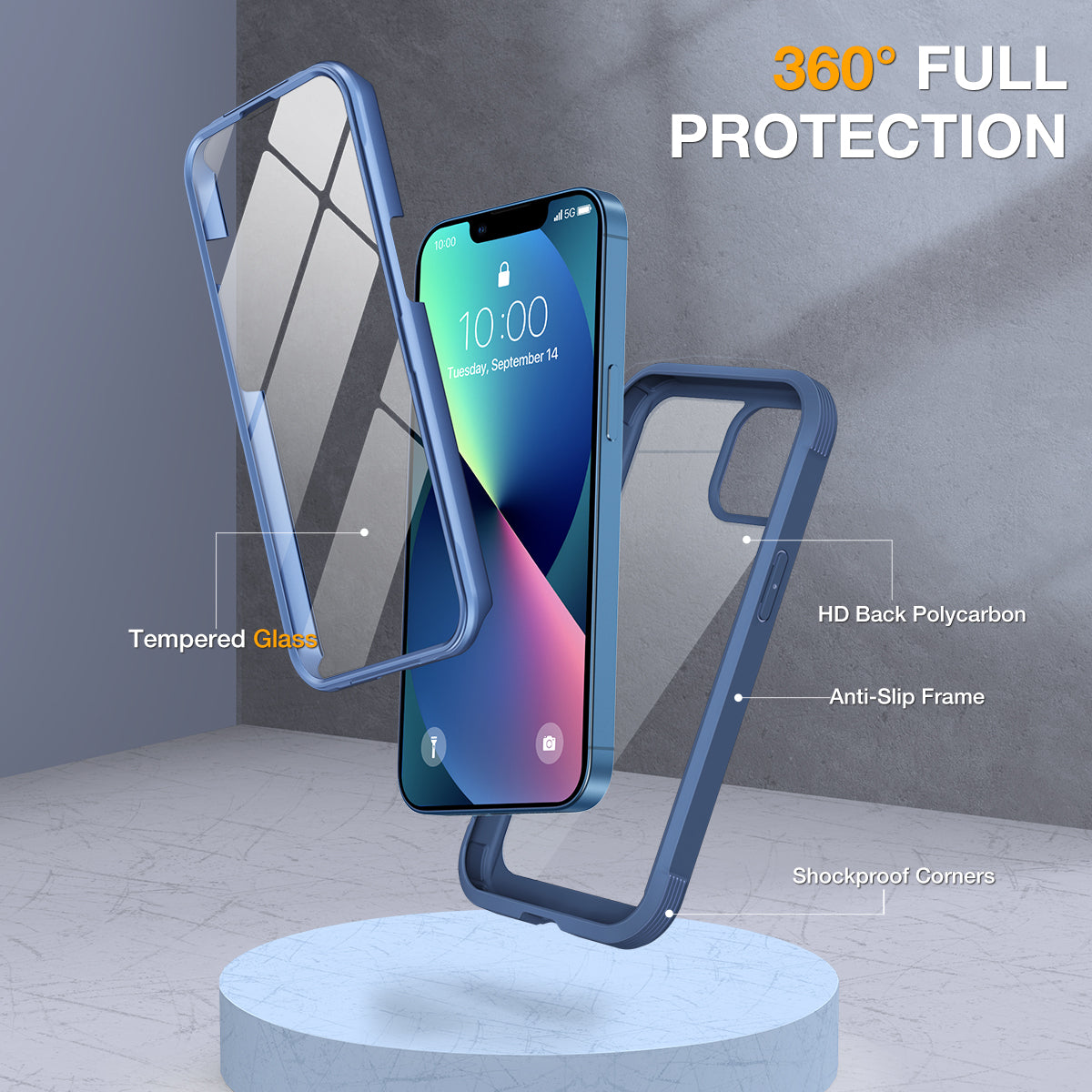 Phone Case with Glass Screen Protector for iPhone 13-Blue