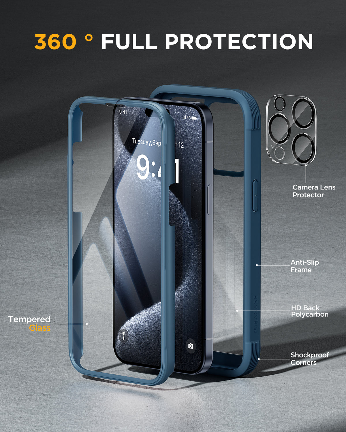 Miracase 360° Protection Case 9H Tempered Glass Phone Case for iPhone