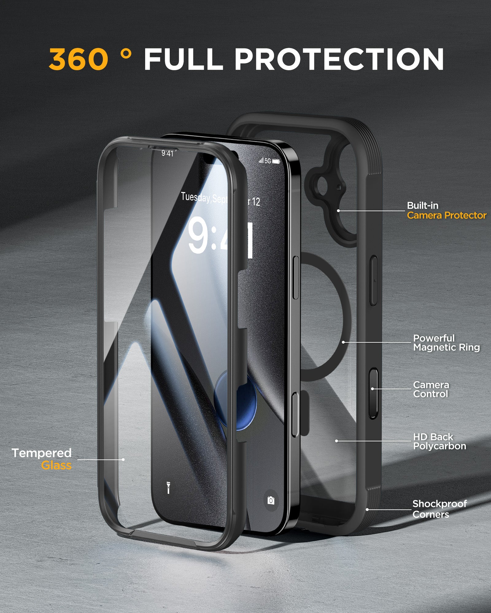 Miracase for iPhone 17 Case 6.3'', Full-Body Bumper Military Drop Protection Outdoor Phone case with Built-in Glass Screen &Camera Control,Easy Installation,No Gap,Compatible with MagSafe,Black