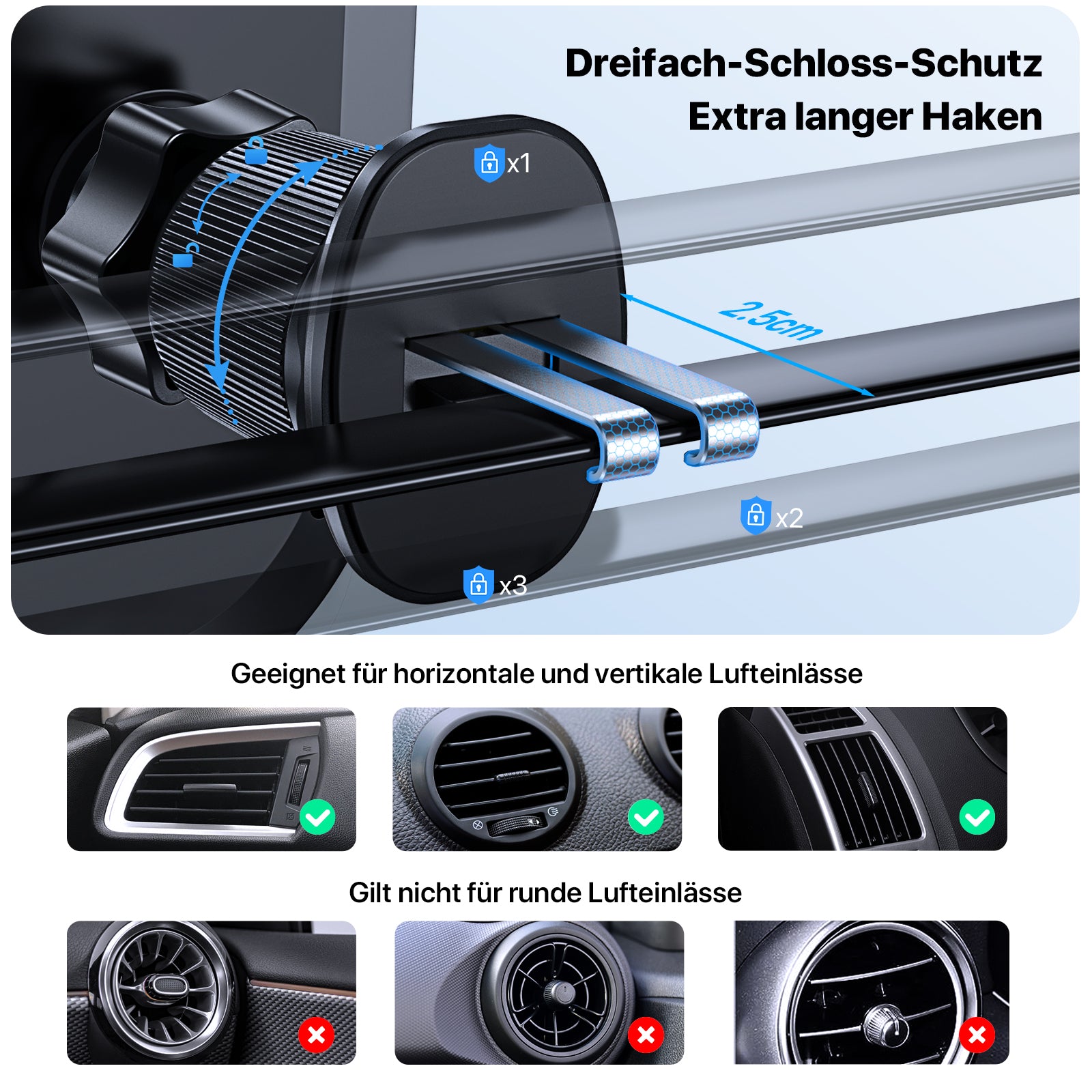 Miracase Handyhalterung Auto [Neuester Doppelhaken] Universal Handyhalter Auto Lüftung,360 Grad Drehung KFZ Handyhalterung für iPhone 17/16/15/14/13 Pro Max Plus/Samsung und 4-7 Zoll Smartphone