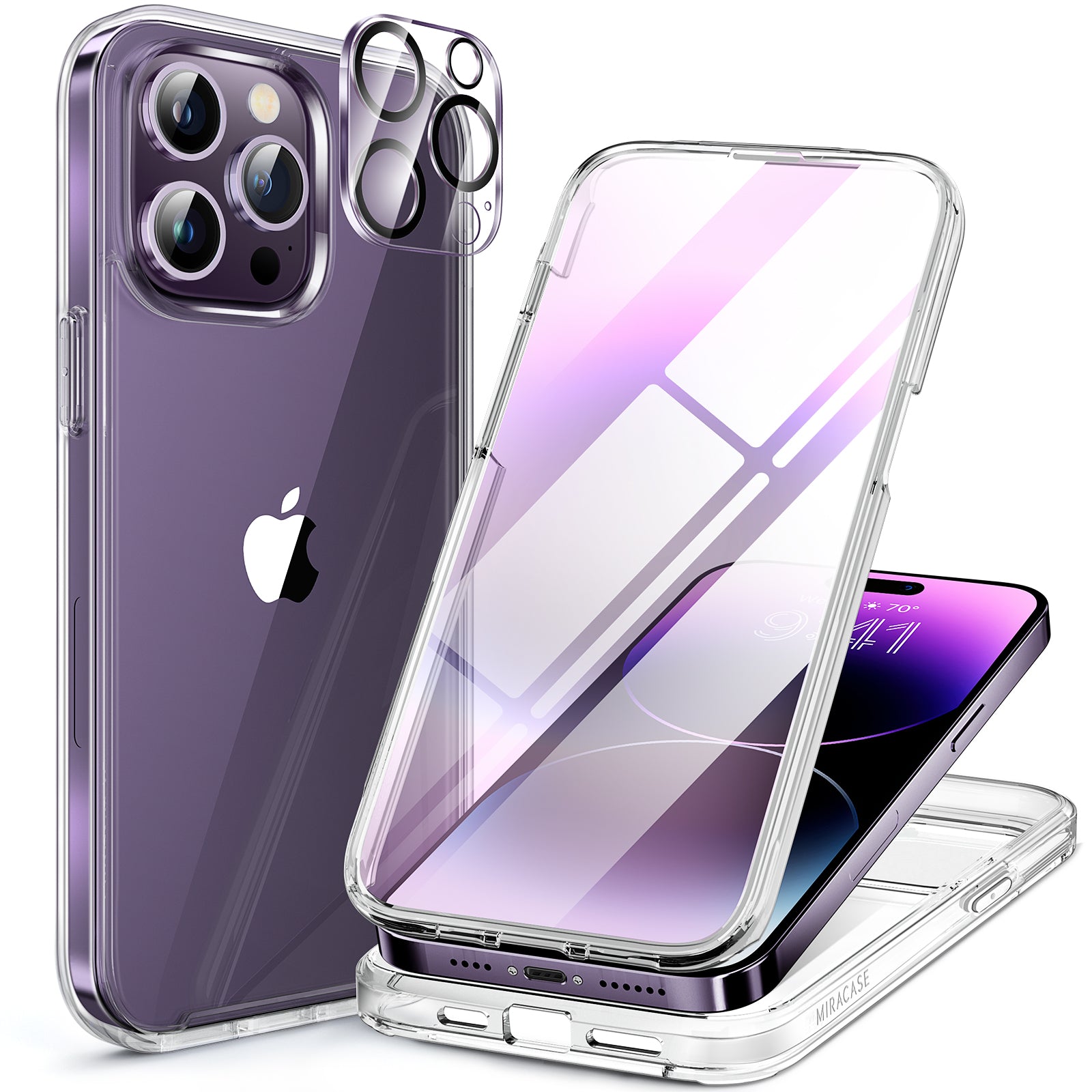 Miracase Glass Series for iPhone 14 Pro Max Case 6.7 Inch, Full-Body Clear Bumper Case with Built-in 9H Tempered Glass Screen Protector, with Camera Lens Protector