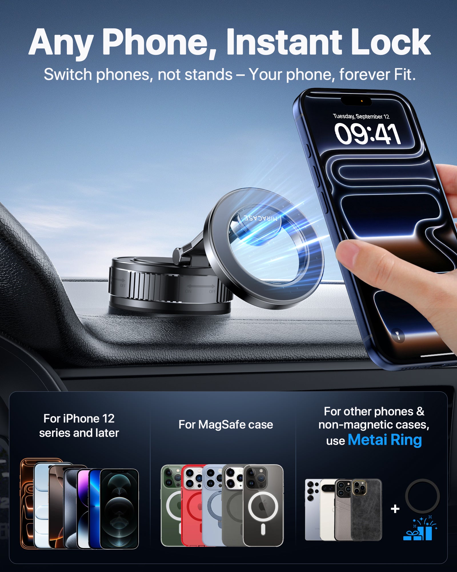 Miracase 2026 Vacuum for Magsafe Car Mount, [Strongest Suction] Magnetic Phone Holders for Your Car, 360° Adjustable Car Phone Holder Mount for iPhone 17 Pro Max 16 15 14 13 12 & All Smartphones