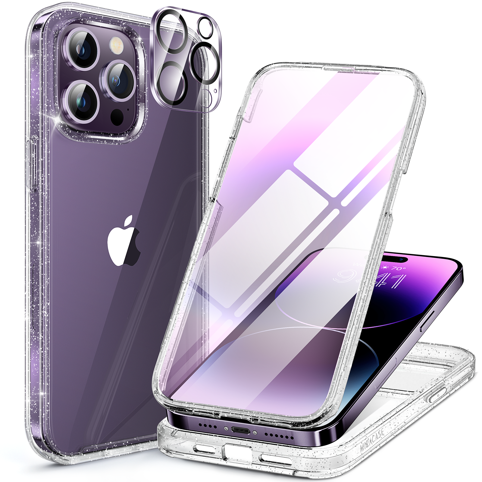 Miracase Glass Series for iPhone 14 Pro Max Case 6.7 Inch, Full-Body Clear Bumper Case with Built-in 9H Tempered Glass Screen Protector, with Camera Lens Protector