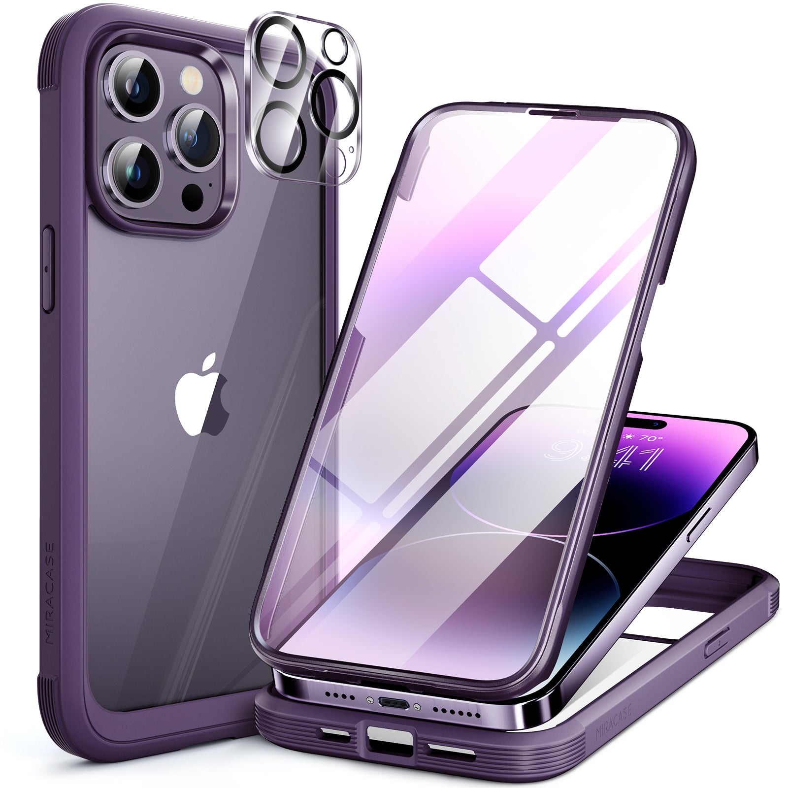 Miracase Glass Series for iPhone 14 Pro Case 6.1 Inch, Full-Body Protective Anti Slippery Case with Built-in 9H Tempered Glass Screen Protector, with Camera Lens Protector
