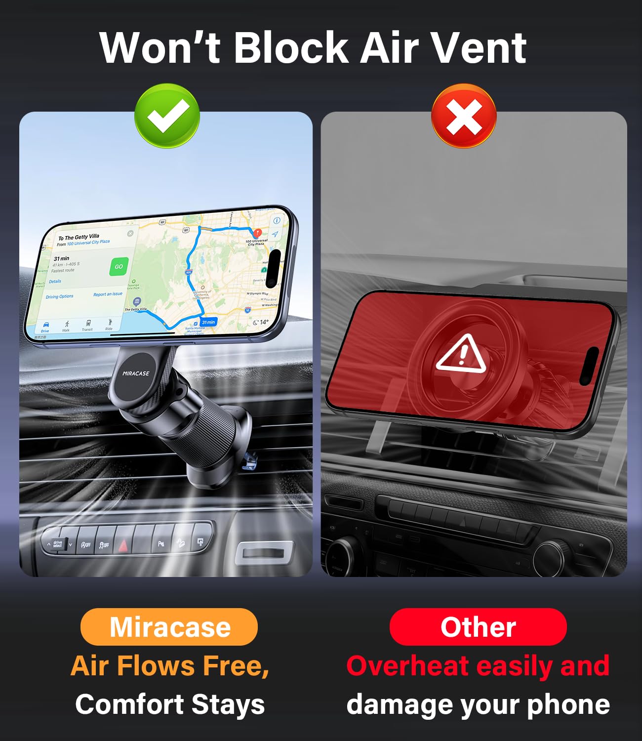 Miracase for MagSafe Car Mount【Won’t Block Vent &20 Strongest Magnets】 Magnetic Phone Holder for Car Phone Holder Mount Dash for Car Accessories for Women Men for iPhone 17 Pro Max Air 16 15 14 13 12