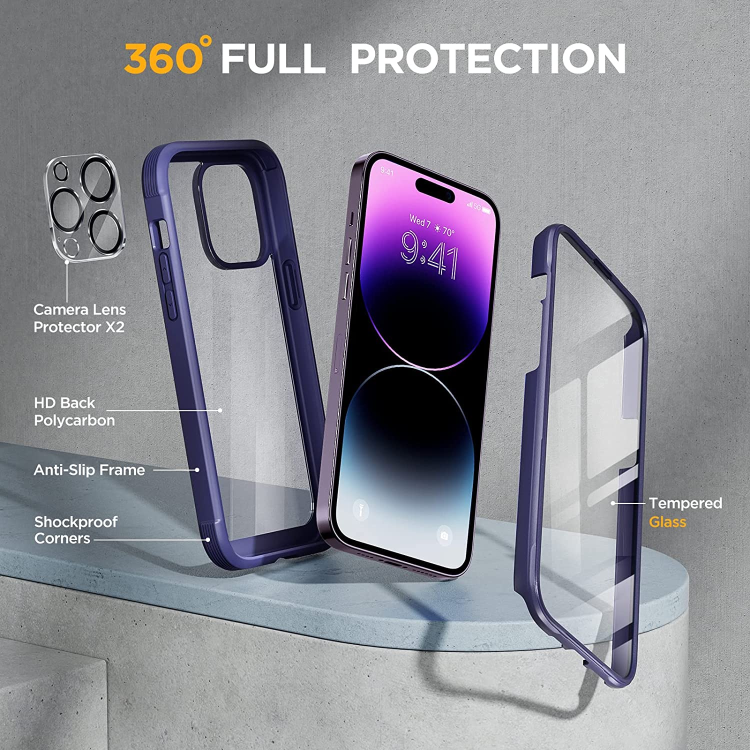 Miracase Glass Series Designed for iPhone 14 Pro Case 6.1 Inch, [2022 Newest] Full-Body Bumper Case with Built-in 9H Tempered Glass Screen Protector, with 2 Pcs Camera Lens Protectors
