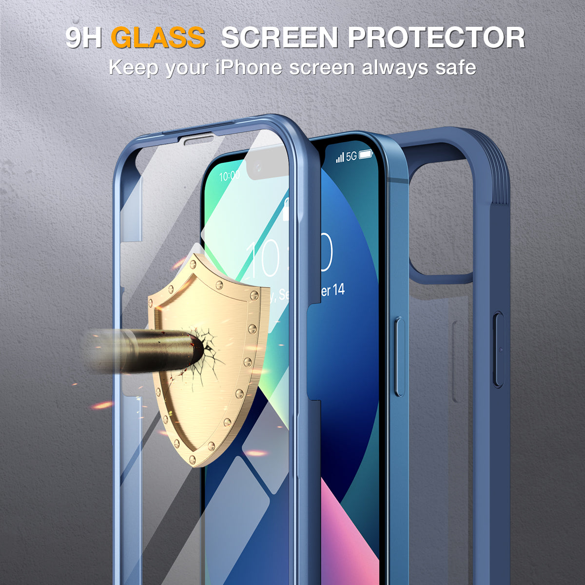 Phone Case with Glass Screen Protector for iPhone 13-Blue